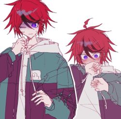  1boy ahoge black_hair blue_eyes blush covering_own_mouth drawstring green_jacket hair_between_eyes hand_over_own_mouth hand_up hood hood_down hoodie jacket jacket_over_hoodie long_sleeves male_focus multicolored_hair multicolored_jacket multiple_views nervous nyab_oo one_eye_closed open_clothes open_jacket purple_jacket red_hair short_hair simple_background sketch streaked_hair sumino_takumi sweat the_hundred_line_-last_defense_academy- two-tone_hair two-tone_jacket white_background white_hoodie 