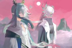  2boys animal_ears arknights blue_hair clouds coat dragon_ears full_moon gradient_hair highres liang_(arknights) long_hair looking_at_viewer male_focus moon mountain multicolored_hair multiple_boys non-humanoid_robot object_head pink_eyes pink_hair pointy_ears robot shirt sidelocks very_long_hair white_coat white_shirt yi_(arknights) yomotobi 
