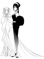  2girls :d bare_shoulders blush bracelet breasts closed_mouth d'orsay_heels diamond_earrings dress earrings empty_eyes evening_gown expressionless feather_boa flower flower-shaped_pupils flower_earrings forehead_jewel from_side full_body genderswap genderswap_(mtf) greyscale hades_(ohitsuji_ei) hair_bun hair_flower hair_ornament halter_dress halterneck heart high_heels highres jewelry jitome long_dress long_hair looking_at_another looking_at_viewer looking_to_the_side medium_breasts monochrome multiple_girls ohitsuji_ei own_hands_together parted_bangs persephone_(ohitsuji_ei) see-through_dress_layer simple_background sleeveless sleeveless_dress smile standing symbol-shaped_pupils tiara white_background yukai_na_shintouki 