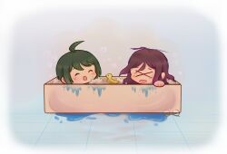  >_< 2girls ahoge antenna_hair bath bathing bathtub blush brown_hair bubble_bath chibi chibi_only closed_eyes commentary danganronpa_(series) danganronpa_another_episode:_ultra_despair_girls english_commentary fukawa_toko glasses green_hair highres in_bathtub long_hair multiple_girls naegi_komaru open_mouth round_eyewear rubber_duck same-sex_bathing shared_bathing short_hair smile soap_bubbles tile_floor tiles unworn_eyewear water wavy_mouth white_background yuri-usagi 
