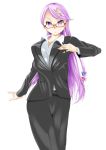  1girl alternate_costume bespectacled breasts business_suit contemporary crescent female glasses hair_ornament highres long_hair patchouli_knowledge pen purple_hair red-framed_glasses solo touhou violet_eyes white_background yoxtut 