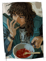  1boy absurdres brown_hair c-fish denim eddie_munson highres holding holding_walkie-talkie jacket long_hair messy_hair solo stranger_things walkie-talkie 