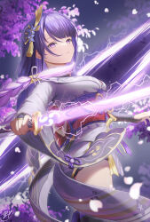  1girl arm_up asymmetrical_sleeves blurry braid bridal_gauntlets cherry_blossoms commentary_request depth_of_field electricity falling_petals fan_hair_ornament floating_hair flower_ornament genshin_impact glowing glowing_eyes glowing_hair glowing_petals glowing_sword glowing_weapon gradient_hair hair_ribbon highres holding holding_sword holding_weapon japanese_clothes katana kimono leaning_back lingerie long_braid looking_at_viewer looking_to_the_side looking_up mitsudomoe_(shape) mole mole_under_eye multicolored_hair musou_isshin_(genshin_impact) outdoors parted_lips petals pink_petals purple_background purple_hair purple_kimono purple_thighhighs raiden_shogun red_sash ribbon sash shade single_braid solasuna solo sword thigh-highs tomoe_(symbol) underwear uneven_sleeves upper_body violet_eyes weapon wide_sleeves 