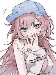  1girl bare_shoulders baseball_cap blue_hat breasts crop_top cyrene_(anta)_(honkai:_star_rail) cyrene_(demiurge)_(honkai:_star_rail) cyrene_(honkai:_star_rail) dark_elf elf hat highres honkai:_star_rail honkai_(series) long_hair looking_at_viewer medium_breasts official_alternate_costume pink_hair pink_nails pointy_ears simple_background smile solo umumum_94 upper_body very_long_hair violet_eyes white_arm_warmers white_background 