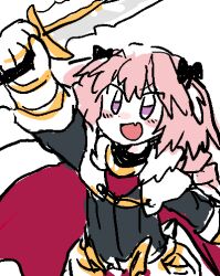  1boy armor astolfo_(fate) black_ribbon blush bow cape commentary_request fate/grand_order fate_(series) hair_between_eyes holding holding_sword holding_weapon long_hair looking_up open_mouth pink_hair red_cape ribbon sword trap vanila_ice_ice violet_eyes weapon 
