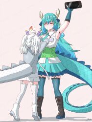  2girls bare_shoulders belt black_boots blue_dragon_(kemono_friends) blue_gloves blue_necktie blue_skirt blue_thighhighs blush boots closed_eyes collared_shirt commentary_request dragon_ears dragon_girl dragon_horns dragon_tail fingerless_gloves fishnet_gloves fishnet_thighhighs fishnets frilled_gloves frilled_thighhighs frills garter_straps gloves green_belt grey_shirt hair_between_eyes handheld_game_console height_difference highres horns kemono_friends long_hair long_sleeves mukouyama_mu multiple_girls necktie pleated_skirt shirt short_hair short_twintails sidelocks skirt sleeveless tail thigh-highs tiptoes twintails white_boots white_dragon_(kemono_friends) white_gloves white_hair white_shirt white_skirt white_thighhighs zettai_ryouiki 
