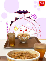  >_< 1girl :d ahoge arm_up blue_archive blush bowl chibi chopsticks closed_eyes commentary_request cup drinking_glass facing_viewer food grey_hair gyuudon halo highres hina_(blue_archive) horns kurukurumagical long_hair notice_lines pov_across_table single_hair_intake smile solo sukiya translation_request tray upper_body white_background xd 