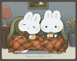  2others :o artist_name ayu_(mog) black_eyes black_sweater blanket blush book chibikemo closed_eyes coffee coffee_mug commentary_request couch cup desk_lamp english_commentary flower_pot furry holding holding_cup indoors lamp long_sleeves mixed-language_commentary mug multiple_others on_couch open_book open_mouth original other_focus picture_frame plaid_blanket plant potted_plant rabbit romaji_commentary shared_blanket signature sitting sleeping sleeping_upright solid_circle_eyes sweater table twitter_username u_u yellow_sweater 