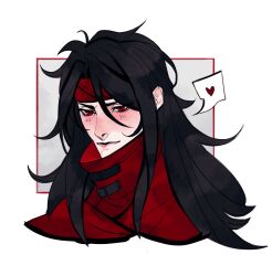  1boy black_hair blush border cloak closed_mouth cropped_torso final_fantasy final_fantasy_vii grey_background hair_between_eyes headband heart highres long_hair male_focus medium_hair red_cloak red_eyes red_headband robasarel solo spoken_heart upper_body vincent_valentine white_border 