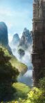  architecture bird castle column fantasy floating_island fog forest highres landscape long_image mountain nature no_humans original parrot photorealistic pillar scenery sky sunlight tall_image temple tree 