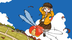  1girl absurdres autumn autumn_leaves blonde_hair brown_hat brown_skirt bug clouds commentary_request day dragonfly dragonfly_hair_ornament drawstring dutch_angle emesan_desu field hat highres hood hood_down hooded_jacket jacket leaf long_sleeves looking_at_viewer one_eye_closed open_clothes open_jacket open_mouth orange_eyes original outdoors pleated_skirt riding scenery skirt village yellow_jacket zipper 