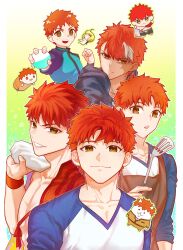  1boy absurdres apron artoria_pendragon_(fate) basashi_(1092aru) brown_eyes capsule_servant chibi commentary_request emiya_shirou emiya_shirou_(capsule_servant) emiya_shirou_(prisma_illya) fate/grand_order fate/kaleid_liner_prisma_illya fate/stay_night fate_(series) highres male_focus multicolored_hair red_hair saber_(fate) senji_muramasa_(fate) solo stuffed_toy two-tone_hair white_hair 