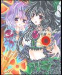  :d bangs black_hair bow breasts d:&lt; erect_nipples eyeball frills komeiji_koishi komeiji_satori lavender_hair looking_at_viewer marker_(medium) midriff multiple_girls navel open_mouth pekopokox purple_eyes red_eyes reiuji_utsuho ribbon shikishi short_hair smile third_eye touhou traditional_media trefoil 