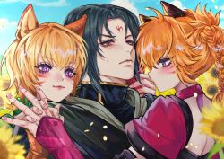  1boy 2girls absurdres animal_ears black_hair blue_sky blush braid cat_ears cat_girl choker cloak closed_mouth clouds cloudy_sky collar commission eyelashes facepaint facial_mark fire_emblem fire_emblem:_path_of_radiance fire_emblem:_radiant_dawn flower forehead_mark gold_trim hair_between_eyes highres holding_another's_wrist holding_hands hug hug_from_behind laguz_(fire_emblem) lethe_(fire_emblem) lips looking_at_another lyre_(fire_emblem) messy_hair multiple_girls pink_choker pink_collar pink_nails pout red_eyes siblings sisters sky smile soren_(fire_emblem) sunflower sweat sweatdrop turtleneck twins violet_eyes whisker_markings yuratsuke 