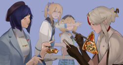  4girls barbara_(genshin_impact) barbara_(pizza_alvolo)_(genshin_impact) beret black_bow black_gloves black_hat black_shirt blonde_hair blue_bow blue_choker blue_hair blue_jacket blue_skirt blunt_ends bow breasts cellphone chest_bow choker chopsticks closed_eyes closed_mouth collared_shirt commentary covering_another's_eyes cowboy_shot diagonal_bangs dress eating english_commentary food fork genshin_impact gloves green_shirt hair_bow hair_bun hair_ornament hair_stick hands_up hat high_ponytail highres holding holding_chopsticks holding_fork holding_knife holding_phone jacket jean_(genshin_impact) jean_(pizza_alvolo)_(genshin_impact) knife lapels long_hair long_sleeves looking_at_another looking_at_food looking_at_phone looking_down medium_breasts multiple_girls ningguang_(genshin_impact) ningguang_(pizza_hut)_(genshin_impact) official_alternate_costume open_clothes open_jacket open_mouth open_shirt phone pink_ribbon pizza pizza_slice plaid_bow plaid_clothes plaid_skirt ponytail purple_background purple_lips ribbon shirt short_hair short_sleeves siblings sidelocks simple_background sisters skirt sleeveless sleeveless_shirt smartphone standing suqling t-shirt tassel tassel_hair_ornament teeth turtleneck turtleneck_dress twintails upper_body wavy_hair white_dress white_hair white_jacket white_shirt white_skirt wide_sleeves yelan_(genshin_impact) yelan_(pizza_hut)_(genshin_impact) yellow_ribbon 