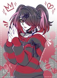  1girl absurdres alternate_costume ame-chan_(needy_girl_overdose) black_hair bow collar cowboy_shot hair_bow hair_over_one_eye head_tilt highres jewelry looking_at_viewer necklace needy_girl_overdose pink_streaks red_eyes shoulder_bow solo steepled_fingers striped_clothes striped_sweater sweater tempusumbra twintails 