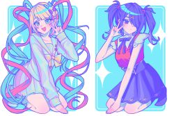  2girls ame-chan_(needy_girl_overdose) black_eyes black_hair black_ribbon blonde_hair blue_bow blue_eyes blue_hair bonkk1 bow chouzetsusaikawa_tenshi-chan full_body hair_bow hair_ornament hair_over_one_eye highres long_hair long_sleeves looking_at_viewer multicolored_hair multiple_girls neck_ribbon needy_girl_overdose open_mouth pink_bow pink_hair purple_bow quad_tails red_shirt ribbon school_uniform seiza serafuku shirt sitting smile suspenders tumblr_username twintails w watermark x_hair_ornament 