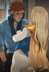  1boy 1girl absurdres blonde_blazer blonde_hair blue_gloves cape dispatch gloves headphones highleg highleg_leotard highres leotard muscular muscular_female robert_robertson short_cape slackdzove superhero_costume yellow_cape 