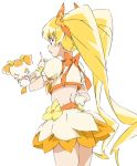  blonde_hair bow cure_sunshine dress from_behind hair_ribbon heartcatch_precure! long_hair magical_girl midriff myoudouin_itsuki orange_(color) orange_dress potpourri_(heartcatch_precure!) potpourri_(precure) precure ribbon skirt twintails umanosuke white_background 