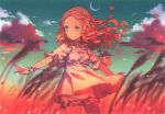  bloomers blurry brown_hair cloud clouds crescent_moon depth_of_field field forehead green_eyes h2so4 highres long_hair moon original outstretched_arms petals sketch sky solo spread_arms wavy_hair 