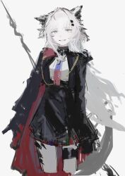  1girl absurdres animal_ears arknights black_jacket black_skirt cape cowboy_shot gradient_necktie grey_eyes grey_hair hair_between_eyes hair_ornament hairclip highres holding holding_weapon jacket lappland_(arknights) lappland_the_decadenza_(arknights) long_hair long_sleeves looking_at_viewer multicolored_necktie necktie red_cape scar scar_across_eye scar_on_face simple_background skirt smile solo standing two-tone_necktie weapon white_background wolf_ears wolf_girl yoioisss 