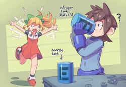  1boy 1girl :o ? absurdres afterimage arrow_(symbol) black_sleeves black_socks blonde_hair blue_eyes blue_gloves blue_shirt bolt_(hardware) brown_hair commentary condensation constricted_pupils cup cura_sylfaen dress drinking energy_tank english_commentary english_text estrogen floating_hair gloves green_background highres holding holding_cup long_hair long_sleeves mega_man_(character) mega_man_(series) multicolored_shoes navel nut_(hardware) open_mouth red_dress red_shoes robot_boy robot_girl roll_(mega_man) running shirt shoes short_hair short_sleeves shouting simple_background socks spiky_hair table two-tone_dress two-tone_shoes upper_body waving_arms white_dress white_shoes 