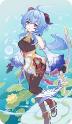  1girl ahoge bad_source bare_shoulders black_gloves blue_hair bodystocking bow_(weapon) chinese_clothes chinese_knot detached_sleeves ganyu_(genshin_impact) genshin_impact gloves goat_horns holding holding_bow_(weapon) holding_weapon horns lily_pad long_hair looking_at_viewer official_art parted_lips shoes snowflakes solo standing tassel violet_eyes weapon white_shoes 