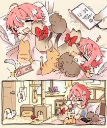  1girl absurdres bed bow camila_(vtuber) cat cat_teaser closed_eyes commentary curtains day drooling english_commentary hair_between_eyes highres indie_virtual_youtuber indoors long_hair mouth_drool multicolored_hair multiple_cats on_bed open_mouth owo_uou phone pink_hair red_bow scratching_post shirt short_sleeves solo streaked_hair virtual_youtuber waking_up white_hair white_shirt window 