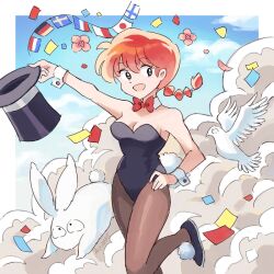  1girl :d animal_ears aquanut bird black_leotard blue_eyes blue_sky bow bowtie braid commentary confetti cowboy_shot detached_collar fake_animal_ears finnish_flag flower french_flag german_flag hand_on_own_hip hashtag-only_commentary hat holding holding_unworn_clothes holding_unworn_hat japanese_flag leotard pantyhose pink_flower playboy_bunny rabbit rabbit_ears rabbit_tail ranma-chan ranma_1/2 red_bow red_bowtie red_hair signature single_braid sky smile strapless strapless_leotard string_of_flags tail unworn_hat unworn_headwear white_bird wrist_cuffs 