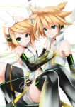  aqua_eyes arm_warmers bare_shoulders black_legwear black_thighhighs blonde_hair brother_and_sister detached_sleeves hair_ornament hair_ribbon hairclip headphones highres hug kagamine_len kagamine_len_(append) kagamine_rin kagamine_rin_(append) leg_warmers navel popped_collar ribbon short_hair shorts shuuichi_(gothics) siblings sitting smile thigh-highs thighhighs twins twintails vocaloid vocaloid_append 