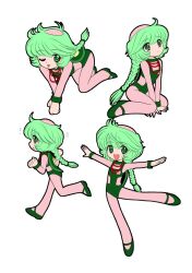  1girl ;p all_fours azukiarai_(guruguru_medaman) balding between_legs bodysuit bodysuit_under_clothes braid braided_ponytail closed_mouth commentary_request fang girly_running green_eyes green_hair green_leotard green_shoes guruguru_medaman hand_between_legs hands_up jewelry leotard long_hair looking_at_viewer looking_up multiple_views necklace okano_takeshi one_eye_closed open_mouth outstretched_arms pearl_necklace pink_bodysuit running shoes simple_background single_braid sitting smile spread_arms standing standing_on_one_leg tongue tongue_out traditional_youkai wariza white_background 