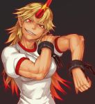  and blonde_hair brown_background grin hand_on_own_shoulder horn hoshiguma_yuugi long_hair muscle pointy_ears red_eyes shackle simple_background slit_pupils smile solo star touhou 