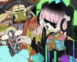  1boy 1other amon_(ff14) au_ra blunt_bangs braid braided_hair_rings commission commissioner_upload double_bun elezen elf feathered_cape final_fantasy final_fantasy_xiv fingernails flower glaa_da hair_bun hair_flower hair_ornament hair_rings hat highres long_hair mask moogle original pointy_ears sharp_fingernails skeb_commission test_tube twintails vial 