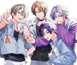  4boys arm_on_another's_shoulder arm_up blue_eyes brown_eyes brown_hair closed_mouth en_(e898n) fuwa_minato fuwa_minato_(8th_costume) green_eyes highres jacket kagami_hayato kagami_hayato_(8th_costume) kaida_haru kaida_haru_(8th_costume) kenmochi_touya kenmochi_touya_(13th_costume) long_sleeves male_focus multicolored_hair multiple_boys nijisanji one_eye_closed open_clothes open_jacket open_mouth outstretched_arm parted_bangs purple_hair purple_shirt rof-mao shirt simple_background smile streaked_hair teeth upper_teeth_only v violet_eyes virtual_youtuber white_background white_hair white_jacket 
