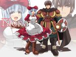  1boy 1girl :d apron armor blue_hair blush bob_cut boots bow breasts brown_hair cape cross-laced_footwear dress elbow_gloves elona frown gloves grey_eyes hair_bow hair_ribbon highres large_bow large_breasts looking_at_viewer mage open_mouth ribbon serious shield short_hair smile staff standing_on_one_leg sword ueda_katsuhito warrior weapon 