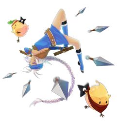  1girl alpha_transparency bandana belt belt_pouch bird black_eyes black_socks blue_boots blue_dress blue_headband blue_sleeves boots bow braid braided_ponytail breasts brown_belt brown_capelet capelet cloudwinter_9 dark-skinned_female dark_skin detached_sleeves dress full_body grey_hair hair_bow hair_tie headband holding holding_sheath holding_shuriken holding_weapon jellyppi knee_boots kneehighs kunai leaf leaf_jellyppi long_hair loose_belt low-braided_long_hair low-tied_long_hair medium_breasts midair motion_blur nayatrei nexon open_mouth pouch red_bandana red_headband second-party_source sheath short_dress shuriken simple_background single_braid sleeveless sleeveless_dress slime_(creature) socks solid_oval_eyes tales_weaver transparent_background unsheathing upside-down v-shaped_eyebrows violet_eyes weapon yellow_bird 