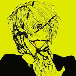  1boy blood blood_from_mouth chain chinese_commentary commentary_request earrings hand_chains hand_over_face highres hunter_x_hunter jewelry kurapika looking_at_viewer male_focus portrait red_eyes short_hair simple_background solo suit yellow_background yellow_theme zhiwukafuka 