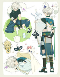  1boy absurdres animal_on_head black_shirt black_shoes blanket border bow bowtie breasts brown_border cat chibi closed_eyes clouds commentary covering_with_blanket cropped_shirt drone facing_away ghost grass green_eyes heterochromia highres indian_style japanese_clothes kariginu looking_at_animal male_focus moku_(kedr2558) multiple_views murakumo_kagetsu murakumo_kagetsu_(1st_costume) nijisanji no_shoes on_head otomo_(hoshirube_sho) otomo_(inami_rai) otomo_(koyanagi_rou) pillow pink_bow pink_bowtie shirt shoes short_hair simple_background sitting sleeping_on_animal socks twitter_username upper_body violet_eyes virtual_youtuber watakumo_(murakumo_kagetsu) watermark white_background white_hair white_socks 