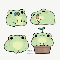  :3 :p animal_focus artist_name ayu_(mog) blush_stickers closed_eyes closed_mouth commentary dot_mouth english_commentary flower_pot mixed-language_commentary no_humans original pacifier romaji_commentary simple_background solid_circle_eyes sprout sweat tongue tongue_out twitter_username white_background 