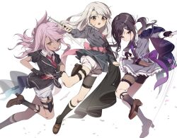  3girls :q akaneko016 brown_eyes brown_hair chloe_von_einzbern collared_shirt commentary_request dagger fate/kaleid_liner_prisma_illya fate_(series) flat_chest full_body gloves highres illyasviel_von_einzbern jacket kanshou_&amp;_bakuya_(fate) knife long_hair looking_at_viewer miyu_edelfelt multiple_girls necktie orange_eyes pink_hair red_eyes sheath shirt simple_background smile socks thigh_sheath tongue tongue_out unsheathing weapon white_background white_hair 