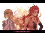 1girl bare_shoulders blonde_hair blue_eyes colette_brunel detached_sleeves hands_clasped headband letterboxed long_hair looking_back mi_(pixiv) miho_(mi) red_hair redhead simple_background tales_of_(series) tales_of_symphonia title_drop vest white_background wings zelos_wilder 