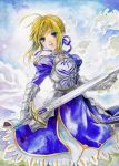  armor armored_dress blonde_hair cloud clouds dress fate/stay_night fate_(series) green_eyes hair_up saber serious solo sword toyoda_izumi traditional_media watercolor_(medium) weapon 