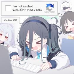  >_< 2b_(nier:automata) 4girls aris_(blue_archive) black_hair blindfold blue_archive captcha computer_keyboard cursor deyui green_halo grey_hair hairband halo highres isla_(plastic_memories) long_hair monitor multiple_girls nichijou nier:automata nier_(series) plastic_memories red_eyes shinonome_nano trait_connection white_hair 