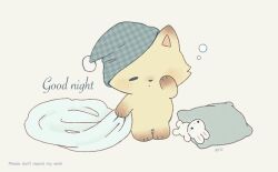  animal animal_focus artist_name ayu_(mog) blanket commentary_request english_commentary fox green_hat grey_background hat mixed-language_commentary nightcap no_humans one_eye_closed original pillow romaji_commentary rubbing_eyes simple_background sleepy squeans standing stuffed_animal stuffed_rabbit stuffed_toy watermark 