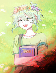  1boy :d ^_^ antenna_hair basil_(headspace)_(omori) basil_(omori) blue_flower blue_rose book closed_eyes collarbone commentary day double-parted_bangs flower flower_wreath grass green_hair green_shirt hair_between_eyes head_wreath highres holding holding_book leaf lying male_focus omori on_back on_grass open_mouth orange_flower outdoors overalls pink_flower purple_flower rose shirt short_hair short_sleeves smile solo strap_slip sukinakoto1ppai t-shirt teeth tongue upper_body white_flower 