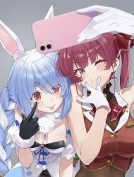  2girls akanbe animal_ear_fluff animal_ears anno_masato aqua_gemstone arm_cuffs armpits arrow_through_heart ascot black_gloves black_leotard blue_hair blurry blush braid breasts brooch brown_bodystocking carrot_hair_ornament closed_mouth collar commentary cropped_jacket depth_of_field don-chan_(usada_pekora) dress eyelid_pull food-themed_hair_ornament frilled_collar frills fur-trimmed_gloves fur_trim gem gloves gold_trim grey_background hair_ornament hair_ribbon highres hololive houshou_marine houshou_marine_(1st_costume) jacket jewelry lapels leaning_forward leotard leotard_under_clothes long_hair medium_breasts multicolored_hair multiple_girls notched_lapels one_eye_closed pom_pom_(clothes) puckered_lips rabbit-shaped_pupils rabbit_ears rabbit_girl red_ascot red_eyes red_hair red_jacket red_ribbon ribbon selfie short_eyebrows simple_background sleeveless sleeveless_jacket smile standing strapless strapless_dress symbol-shaped_pupils thick_eyebrows tongue tongue_out twin_braids twintails two-tone_hair upper_body usada_pekora usada_pekora_(1st_costume) v v_over_mouth virtual_youtuber white_dress white_gloves white_hair yellow_eyes 