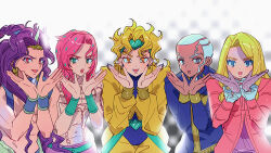  +_+ 5boys :d :o absurdres asami_poe_n battle_tendency black_nails blonde_hair blue_eyes braid bright_pupils cassock coat colored_eyelashes commentary_request curly_hair dark-skinned_male dark_skin diavolo dio_brando ear_birthmark earrings enrico_pucci fang fingernails frilled_sleeves frills funny_valentine gloves green_eyes green_headband hands_up headband highres horns jacket jewelry jojo_no_kimyou_na_bouken kars_(jojo) lipstick long_fingernails long_hair long_sleeves looking_at_viewer makeup male_focus multiple_boys open_mouth pants pink_coat pink_hair pink_lips purple_gloves purple_hair red_eyes short_hair smile spotted_hair stardust_crusaders steel_ball_run stone_ocean sweat topless_male upper_body vento_aureo very_long_hair very_short_hair violet_eyes white_hair white_pupils yellow_jacket yellow_pants 