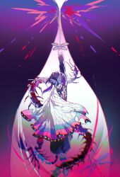  1girl absurdres animal_print black_hair black_jacket black_pants bug butterfly_hair_ornament butterfly_print butterfly_print_haori centipede demon_slayer_uniform dragonfly facing_away fenzisheng1 fighting_stance from_behind full_body gradient_hair hair_ornament haori highres holding holding_weapon jacket japanese_clothes kimetsu_no_yaiba kochou_shinobu medium_hair multicolored_hair outstretched_arm pants print_haori purple_hair sidelocks solo updo weapon 