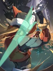  2boys absurdres android armor blonde_hair confrontation energy_sword forehead_jewel glowing glowing_eyes helmet highres holding holding_sword holding_weapon long_hair mega_man_(series) mega_man_zero_(series) multiple_boys omega_(mega_man) omochi_(mochi_skymega) ponytail red_armor sword water weapon z_saber zero(z)_(mega_man) zero_(mega_man) 