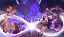  2boys 6+girls abs absurdres aglaea_(honkai:_star_rail) amphoreus_(honkai:_star_rail) ancient_greek_clothes animal_ears antenna_hair armor as_i've_written_(honkai:_star_rail) bare_shoulders belt black_boots black_choker black_gloves black_jacket black_pants black_shirt black_skirt black_sky blonde_hair blue_cape blue_eyes body_markings book boots bracelet braid breasts brown_belt brown_boots cape choker clenched_hand closed_mouth clothing_cutout collared_dress commentary covered_eyes cowboy_shot creature cyrene_(demiurge)_(honkai:_star_rail) cyrene_(honkai:_star_rail) dawnmaker_(honkai:_star_rail) dress dual_persona english_commentary faulds fingerless_gloves fingernails floating_cape floating_clothes flower flower-shaped_pupils flying full_body gauntlets gloves gold_bracelet gold_necklace gold_trim greco-roman_clothes grey_hair grey_pants hair_between_eyes hair_flower hair_ornament hair_over_eyes hair_over_one_eye hair_ribbon hand_up head_wreath highres holding holding_quill holding_sword holding_weapon honkai:_star_rail honkai_(series) jacket jewelry juliet_sleeves laurel_crown leaf_hair_ornament lips long_hair long_sleeves looking_at_another medium_breasts mem_(honkai:_star_rail) mini_wings miniskirt mobius_strip multicolored_hair multiple_boys multiple_girls muscular muscular_male mydei_(honkai:_star_rail) nail_polish necklace off-shoulder_dress off_shoulder official_alternate_costume official_alternate_hairstyle open_book open_clothes open_jacket open_mouth orange_eyes orange_hair outdoors pants pectorals phainon_(honkai:_star_rail) pink_fur pink_hair pink_nails puffy_long_sleeves puffy_sleeves purple_flower purple_rose quill red_cape red_hair ribbon ring rose shirt short_hair short_sleeves shoulder_cutout sidelocks single_bare_shoulder single_braid single_glove skirt sky smile space star_(symbol) stelle_(honkai:_star_rail) streaked_hair sun_symbol suqling sword symbol-shaped_pupils t-shirt tail teeth thigh_strap trailblazer_(honkai:_star_rail) trianne_(honkai:_star_rail) tribbie_(honkai:_star_rail) trinnon_(honkai:_star_rail) triplets two-sided_cape two-sided_fabric two-sided_gloves two-sided_jacket upper_body v-shaped_eyebrows violet_eyes weapon white_dress white_flower white_hair white_jacket white_rose white_shirt wings yellow_cape yellow_eyes yellow_gloves yellow_jacket yellow_ribbon 